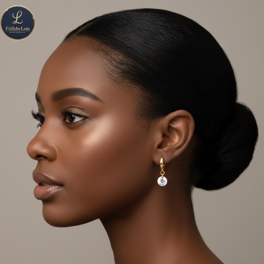 The "Dewdrop" Minimalist Earrings. Dainty Gold-Tone Drop Earrings with 2cm Floating Clear Stone