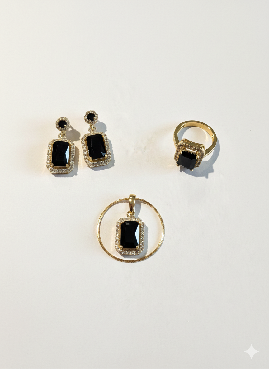 The Midnight Luxe Set: 3-Piece Black Stone & Pave Gold-Plated Sterling Silver Jewelry
