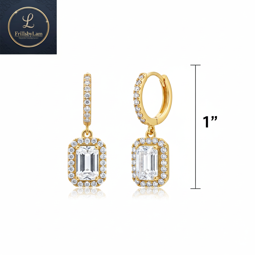 Gold earrings with clear gemstones and a measurement indicator on a white background, featuring the Frillsby Lam brand.