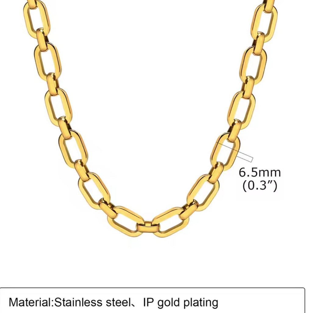 Gold chain necklace with measurement details on a white background